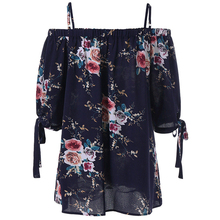 Женская блузка с цветочным принтом, Повседневная Свободная блузка с открытыми плечами, летний черный топ, есть большие размеры 2024 - купить недорого