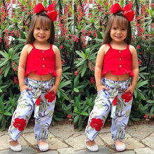 Комплект из 2 предметов для маленьких девочек; Красный укороченный топ; леггинсы с цветочным рисунком; длинные штаны; летний детский комплект одежды 2024 - купить недорого