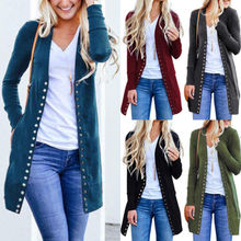 Новый весенний женский вязаный свитер с длинным рукавом, однотонный вязаный кардиган, длинный трикотажный джемпер, верхняя одежда, пальто 2024 - купить недорого