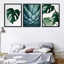 Impresión artística de pared en lienzo, pintura de hojas grandes verdes frescas, carteles nórdicos e impresiones de plantas tropicales, imágenes de pared para sala de estar 2024 - compra barato