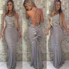 Summer Dresses HOT Women Summer Casual Sleeveless O-Neck High Waist Strappy Striped Long Skinny Dress 2024 - buy cheap