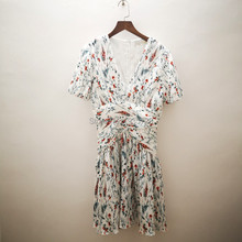 Floral Print Deep V Neck Mini Dress With Pleated Detail - Yidora 2019ss Women New Dress 2024 - buy cheap