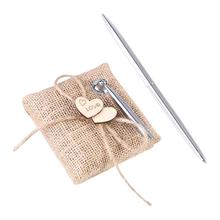Portalápices de arpillera y juego de bolígrafos plateados para boda rústica, paquete de regalo de firma 2024 - compra barato