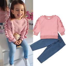 1-6Y Toddler Kids Baby Girl Ruffle Tops Shirt Denim Pants Jeans Warm Outfits Clothes 2024 - buy cheap