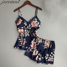Jerrinut Women Sleepwear Silk Pajamas Set Nightgowns Sexy Lingerie Summer Silk Satin Lace Sleeveles Home Wear With Chest Pad 2024 - buy cheap