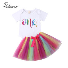 Conjunto de ropa de princesa para bebé, ropa de primer cumpleaños, Tops de una letra y faldas de encaje a rayas de arcoíris, 2019, 2 uds. 2024 - compra barato