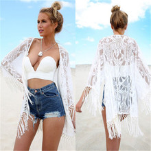 Boho feminino branco renda floral praia, camisetas cardigã com borlas 2024 - compre barato