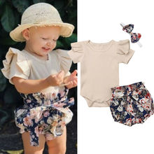 Комплекты летней одежды для новорожденных девочек, однотонный комбинезон с короткими рукавами и цветочным принтом 2024 - купить недорого