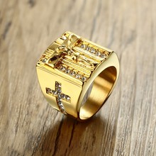 Prayer Jesus Cross White Cubic Zirconia Rings for Men Gold Tone Stainless Steel Crucifix CZ Band Male Jewelry Anel Aneis 2024 - buy cheap