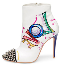 Botas femininas sensuais de metal com rebites, botinhas pontudo em couro estampado para mulheres, estilo stiletto, calçado feminino 2024 - compre barato