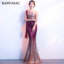 BANVASAC 2019 One Shoulder Sequined Mermaid Long Evening Dresses Elegant Party Gradient Color Backless Prom Gowns 2024 - buy cheap