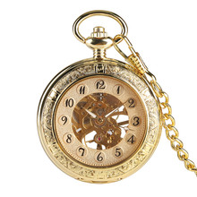 Ретро Золотые механические карманные часы ручной работы, прозрачные часы с подвеской в виде скелета для мужчин, Роскошные карманные часы, подарки унисекс 2024 - купить недорого