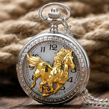 Exquisite Running Golden Horse Quartz Pocket Watch Silver Necklace Chain Hollow Half Hunter Pendant Necklace Clock Men Women 2024 - buy cheap