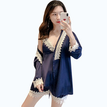 Freshing Summer  3 Pcs Spaghetti Strap Lace Pajama Set V-Neck With Chest Pad Nightdress+Shorts+Robe Fashion Pijama For Women 2024 - buy cheap