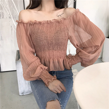 Camisa de chifón para mujer, Tops con volantes y manga farol, informales, de estilo corto con cuello de barco, Tops de manga larga 2024 - compra barato