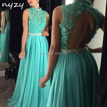 Nyzy p19 turquesa chiffon vestidos de baile longo sem mangas gola alta keyhole sem encosto rendas cristal vestido festa longo 2024 - compre barato