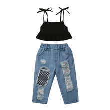 Conjunto de roupas para crianças, 2 peças, blusa curta com alças e buracos, tela jeans de malha azul 2024 - compre barato