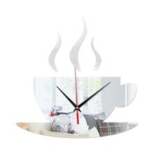 AsyPets зеркальная поверхность стены наклейки форма кофейной чашки настенные часы стикер для гостиной настенные украшения серебристо-черного цвета 2024 - купить недорого