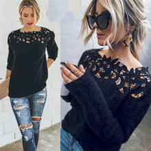 Women's Loose Knitted Pullover Jumper Sweater O Neck Long Sleeve Knitwear Top Lace Floral Collar Winter 2024 - buy cheap
