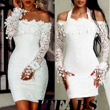 2019 Off Shoulder Sexy Women Long Sleeve Skinny Solid Color Lace Bodycon Girls Dress Mini Club Party Dress vestidos 2024 - buy cheap