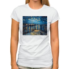 Camiseta de Vincent van Gogh de Noche Estrellada sobre el Rhone para mujer, blusa blanca informal de manga corta, playera kawaii para mujer 2024 - compra barato