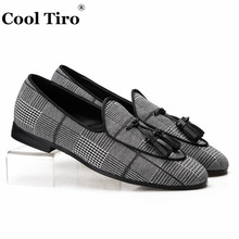 Cool Tiro Gingham Canvas Belgian Loafers Men's Smoking Slippers Moccasins Dress Shoes With Tassels Genuine Leather Casual Shoes 2024 - buy cheap