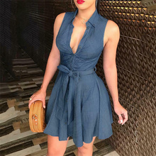 Women Dress Sexy Casual Daily Dresses Blue Button Bow Belt Sleeveless Turn-down Collar Solid Party Mini Dress Vestido 2019 2024 - buy cheap