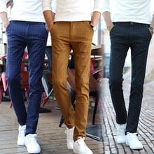 Calças masculinas de algodão para primavera, outono, slim, xadrez, peça calça longa casual 2024 - compre barato