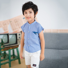 Camisas de algodão listrado verde unissex, camisa de linho para bebês de 3 a 8 anos azul/verde 2024 - compre barato