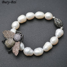 Outstanding Paved CZ Metal Bee Insect Charm Natural Fresh Water Pearl Potato Beads Stretch Bracelets Party Jewelry 2024 - buy cheap