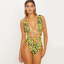 Bañador elegante de una pieza con estampado de leopardo para mujer, bañador con cordones y cintura alta, bañador Push-up, ropa de playa 2024 - compra barato