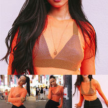 Summer New Women Ladies Orange Sexy Long Sleeve See Through Mesh T-Shirts Fishnet Crop Top Club Tees Fashion 2024 - buy cheap