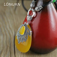 High quality 925 sterling silver necklace yellow Chalcedony natural semi-precious stones leaves shape big water drop pendant 2024 - buy cheap
