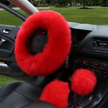 Conjunto de 3 unids/set de protectores de piel para volante de coche, lana de colores rojo, invierno, Universal, peludo, esponjoso, grueso, de imitación, tres estaciones 2024 - compra barato