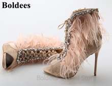 Sandalias de tacón alto finas con decoración de plumas para mujer, zapatos con diamantes de imitación de colores, sandalias de Punta abierta ostentosas 2024 - compra barato