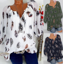 Nova blusa feminina de chiffon gola v solta, casual, com estampa de penas, tops, blusas de praia, camisa plus size 2024 - compre barato
