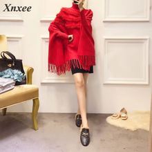 Women Real Rabbit Fur Cloak Pullover  New Arrival Fashion Autumn And WinterLady High Collar Bat Sleeves Tassel Poncho Sweater 2024 - buy cheap