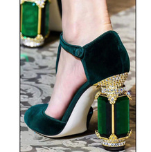 Luxury Gem Rhinestone Chunky Heels Wedding Velvet Pumps Ladies Mary Janes Chunky Crystal Heel Ankle Buckle Lolita Pumps Shoes 2024 - buy cheap