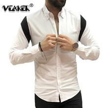 2019 Mens Fashion Shirts Korean Style Eveving Party White Blue Patchwork Black Shirt For Men Camisa Social Masculina Slim Shirts 2024 - buy cheap