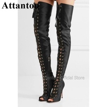 New Arriva Black Red Leather Over The Knee Lace Up Cross Tied Thigh High Boots Spring Women Summer Peep Toe Stiletto Long Boot 2024 - buy cheap