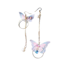 Korean Fairy Yarn Butterfly Long Earrings Asymmetric Butterfly Imitation Pearl Earrings Alloy Circle Rhinestone Trendy Earring 2024 - buy cheap