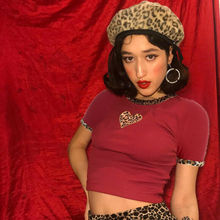 Cute Women Short Sleeve Leopard Print Heart Elastic O Neck Tube Tops Blouse Crop Top Shirts 2024 - buy cheap