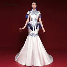 Fashion Blue White Embroidery Cheongsam Long Mermaid Tassel Dresses Qi Pao Women Chinese Dress Oriental Style Stage Show Gown 2024 - buy cheap