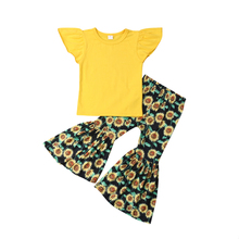 2019 verão crianças bebê menina babados manga amarelo camiseta topos girassol flared pant bell bottom 2 pçs roupas meninas conjunto 2024 - compre barato