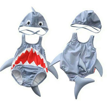 Cartoon Shark Swimsuit 2019 Kids Baby Girl Boys One-piece Swimwear Ruffles Bikini+Swimming Hats 2Pcs Children Beach Bathing Suit 2024 - buy cheap