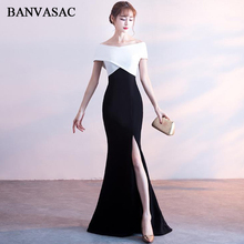 BANVASAC-vestido de noche largo de sirena, elegante, Multicolor, con cuello de barco, manga corta, fiesta, sin espalda 2024 - compra barato