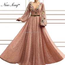 Embroidery Long Sleeve Evening Dresses 2019 Couture V Neck Arabic Dubai Prom Dress A Line Formal Party Gown For Weddings Vestido 2024 - buy cheap