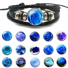 Blue Enchantress Love Rose Flower Lover Jewelry Black Button Leather Bracelet Glass Cabochon Craft Supplies Handmade Lovers Gift 2024 - buy cheap