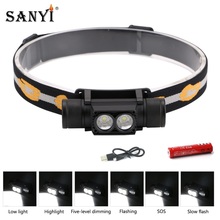 Sanyi-minilinterna LED de luz blanca para la frente, linterna frontal con carga USB 18650, 3W, XM-L2, para Camping, pesca y caza 2024 - compra barato