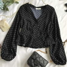 2019 Korean Women Dot Tops And Blouses Ladies Short Length V-Neck Chiffon Shirt Lantern Sleeve Ruffles Oversized Blusas Mujer 2024 - buy cheap